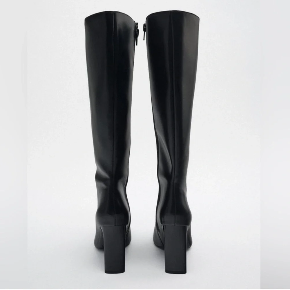 Zara NWOT Black square toe knee high boots premium faux leather heeled boots - Picture 7 of 15